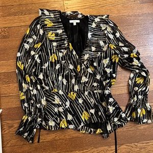 Josie black silk long sleeved wrap top with floral and metallic print